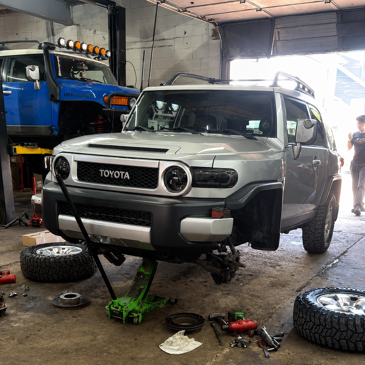 Toyota FJ Cruiser suspension installation in progress at Falcon Garage in Columbus, Ohio